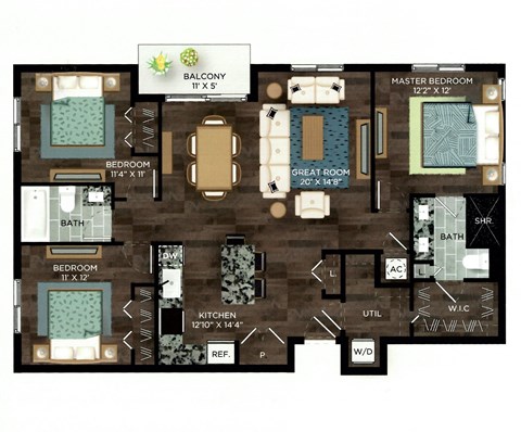 Floor plan for 3 beds, 2 baths, 1460 sqft